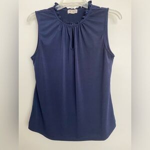 Blue Mood Navy Blue Sleeveless Silky Top with Ruffle Collar size Medium